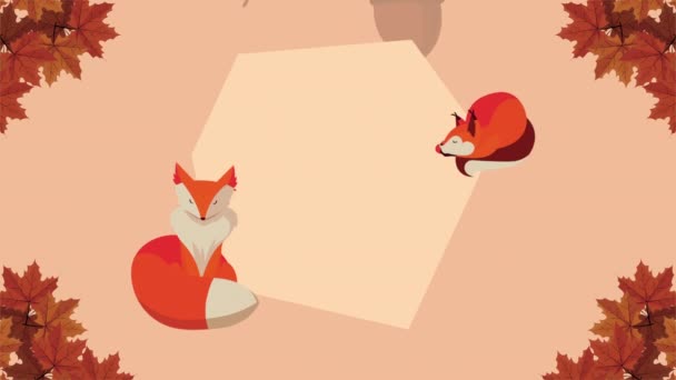 Hello autumn animation with fox couple and campfire frame — Stock Video