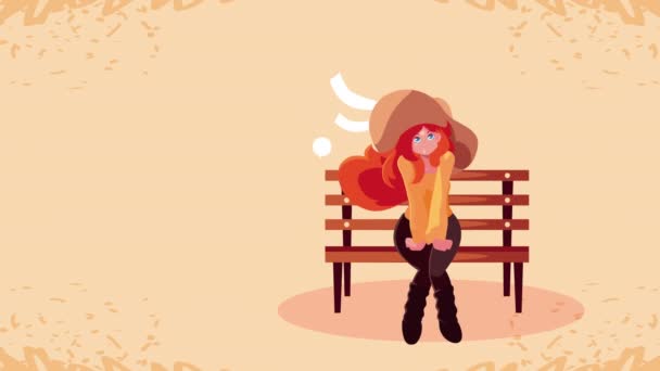 Olá animação de outono com menina bonita sentada na cadeira do parque — Vídeo de Stock
