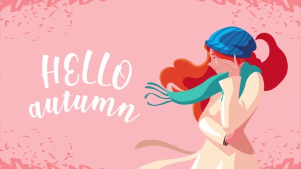 Hello autumn animation with beautiful girl and lettering — Stock Video