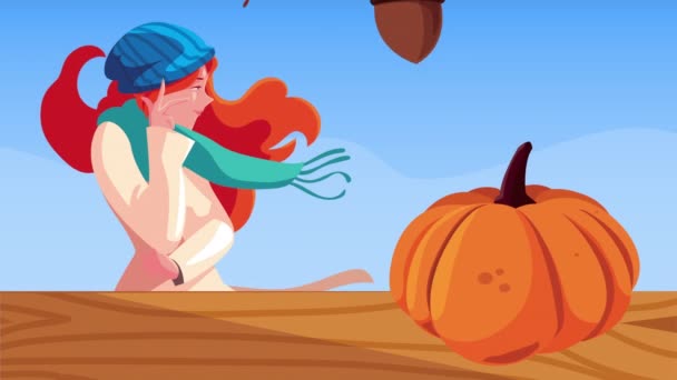 Witam jesień animacja z piękną dziewczyną i dyni — Wideo stockowe