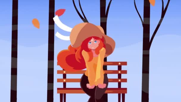 Olá animação de outono com linda garota sentada na cena da cadeira do parque — Vídeo de Stock