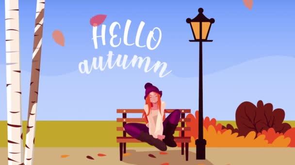 Olá animação de outono com menina bonita sentada em cadeira de parque e letras — Vídeo de Stock