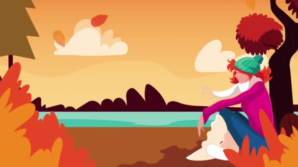 Γεια animation φθινόπωρο με όμορφο κορίτσι κάθονται στη σκηνή λίμνη — Αρχείο Βίντεο