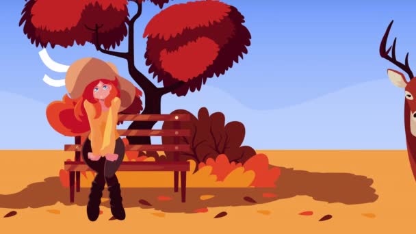 Hello autumn animation with beautiful girl seated in park chair and reindeer scene — Stock Video