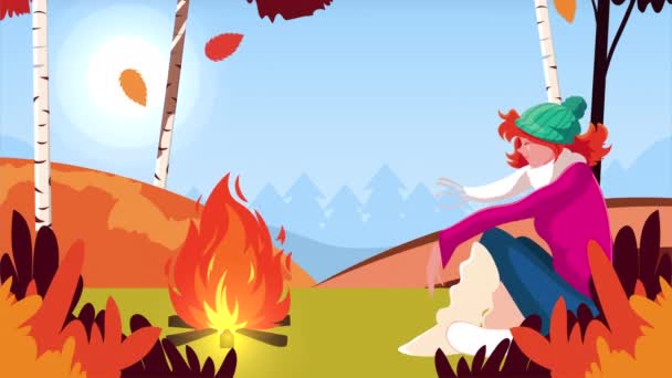Hello autumn animation with beautiful girl seated and campfire scene — Stock Video