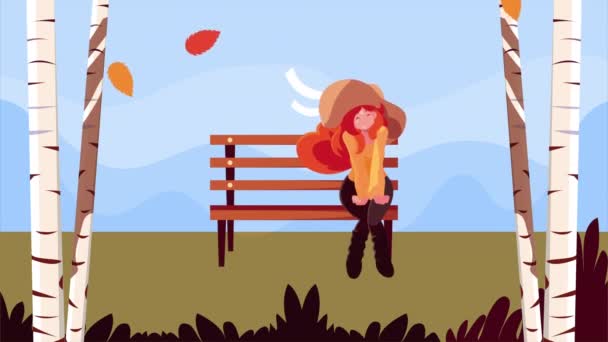 Olá animação de outono com meninas bonitas na cena da cadeira do parque — Vídeo de Stock