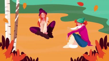 Merhaba sonbahar animasyonu Güzel kızlar ve kamp ateşi sahnesi