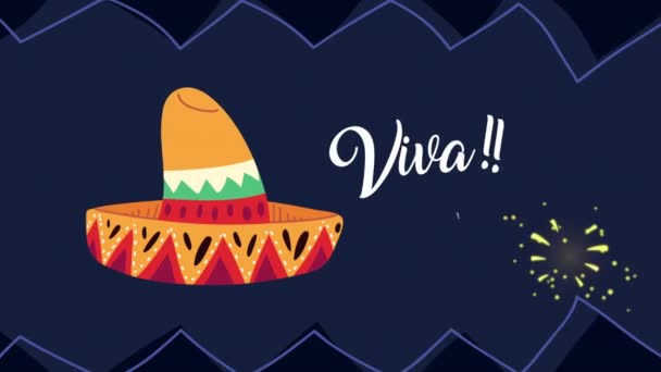 Viva mexico celebration animation with lettering and mariachi hat — Stock Video