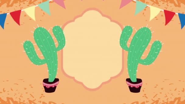 Animación celebración mexicana con plantas de cactus y guirnaldas — Vídeos de Stock