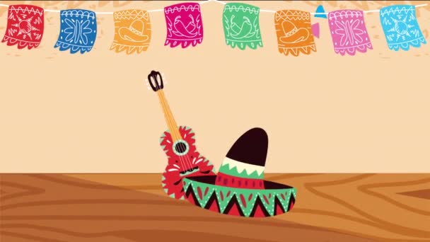 Mexico celebration animation with mariachi hat and guitar — Stock Video