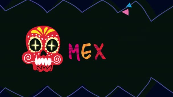Mexico celebration animation with lettering and skull confetti — Stock Video