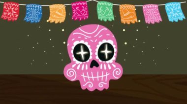 Kafatası boyalı ve çelenklerle Meksika animasyonu kutlaması