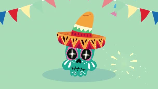Celebrazione messicana animazione con teschio dipinto indossando cappello maricahi — Video Stock