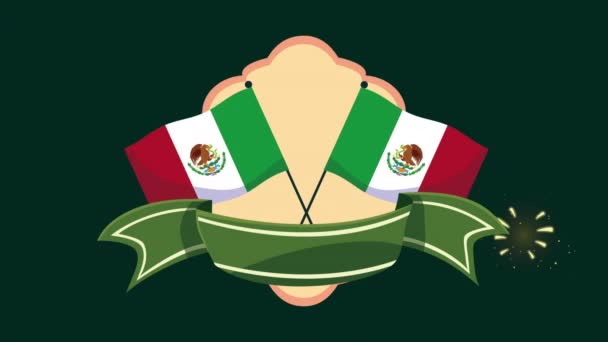 Animación celebración mexicana con el cráneo pintado y banderas mexicanas — Vídeos de Stock