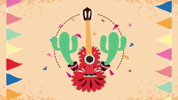 Animación celebración mexicana con plantas de cactus y guitarra — Vídeos de Stock