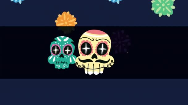 Animación celebración mexicana con cabezas de calaveras pintadas — Vídeos de Stock