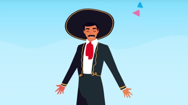 Animación celebración mexicana con mariachi cantando carácter — Vídeos de Stock