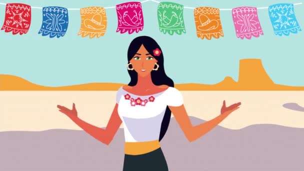 Animación celebración mexicana con hermosa mujer y guirnaldas escena — Vídeos de Stock