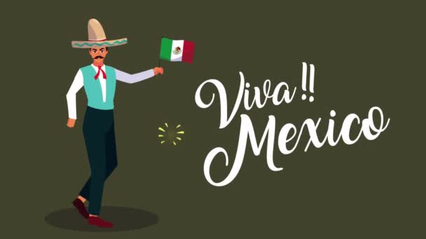 Animación celebración mexicana con mariachi ondeando bandera mexicana — Vídeos de Stock