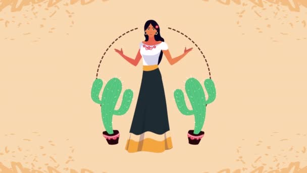 Animación celebración mexicana con hermosa mujer y cactus — Vídeos de Stock