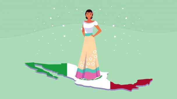 Animación celebración mexicana con hermosa mujer en mapa mexicano — Vídeos de Stock