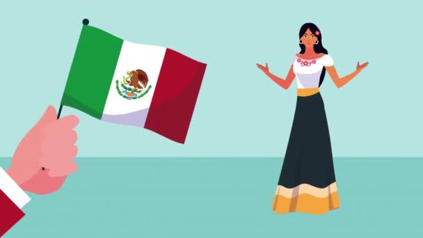 Animación celebración mexicana con hermosa mujer y bandera mexicana — Vídeos de Stock