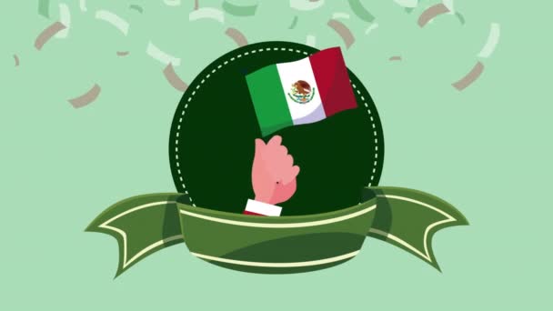 Animación celebración mexicana con la mano ondeando bandera mexicana — Vídeos de Stock