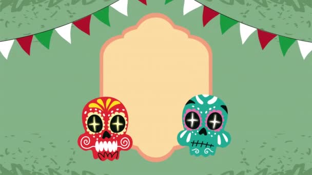 Meksykańska animacja celebracyjna z malowaną czaszką i girlandami — Wideo stockowe