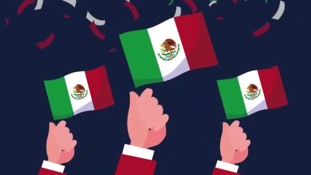 Animación celebración mexicana con las manos ondeando banderas mexicanas — Vídeos de Stock