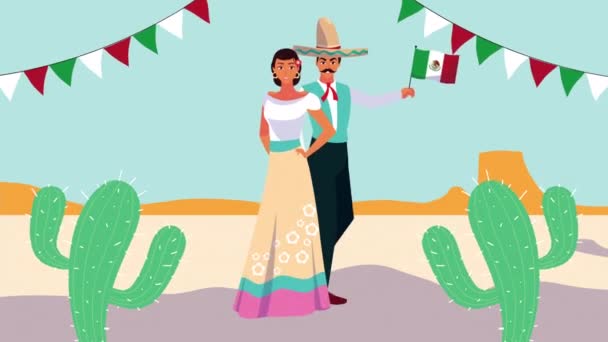 Animação celebração mexico com casal mexicano e guirlandas no acampamento — Vídeo de Stock