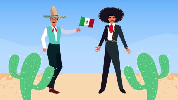 Мехико анимация празднования с мексиканцами Mariachis пение и играть маракасы — стоковое видео