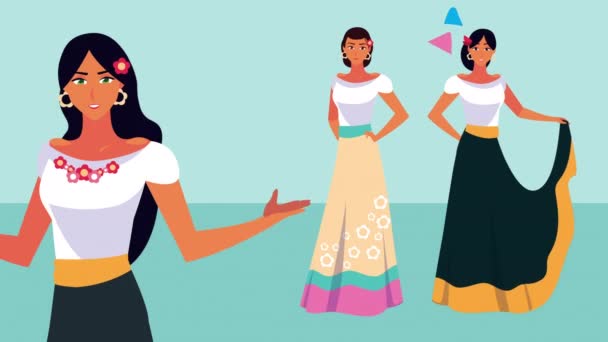 Animación celebración mexicana con mujeres mexicanas bailando y confeti — Vídeos de Stock