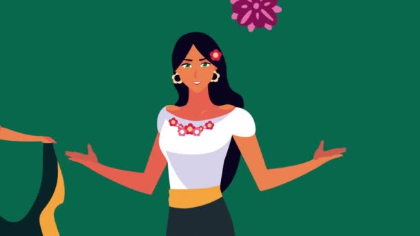 Animación celebración mexicana con mujeres mexicanas bailando y flores — Vídeos de Stock