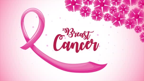 Animación de letras campaña de cáncer de mama con cinta rosa y flores — Vídeo de stock