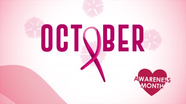 Câncer de mama campanha outubro lettering com fita e coração — Vídeo de Stock