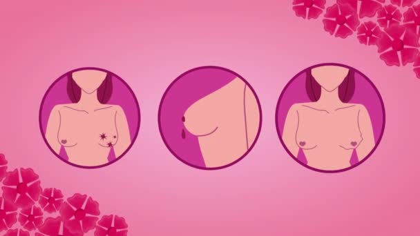 Emlőrák kampány animáció nők torsos és virágok — Stock videók