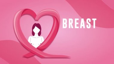 Göğüs kanseri kampanyası. Çıplak göğüslü kadın ve kalp kurdelesiyle animasyon.