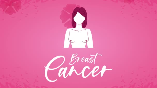 Campagne de cancer du sein lettrage animation avec femme poitrine nue et fleurs — Video