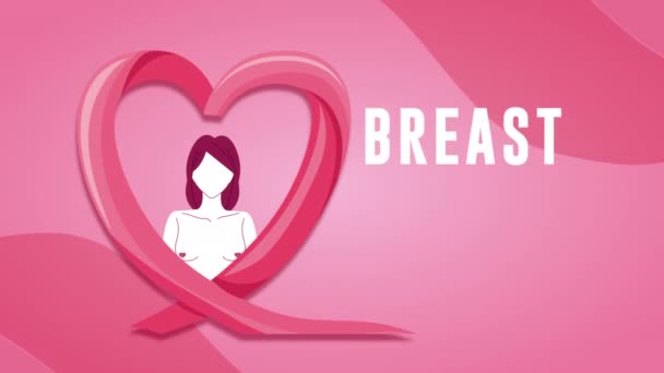 Kampania na rzecz walki z rakiem piersi animacja z gołą klatką piersiową i wstążką serca — Wideo stockowe