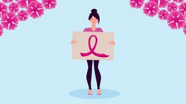 Etiketinde kadın ve kurdele olan göğüs kanseri kampanyası animasyonu