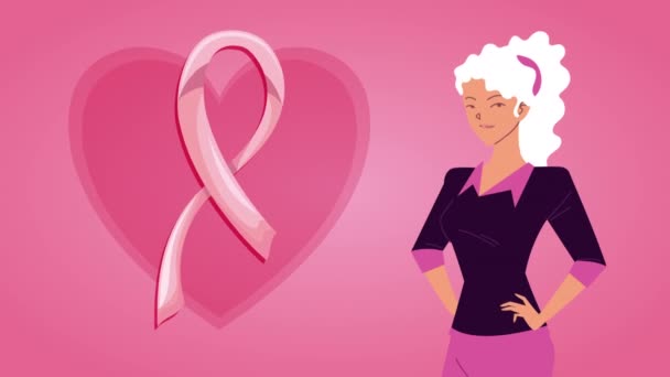 Κινουμένων σχεδίων εκστρατεία του καρκίνου του μαστού με τη γυναίκα και κορδέλα στην καρδιά — Αρχείο Βίντεο