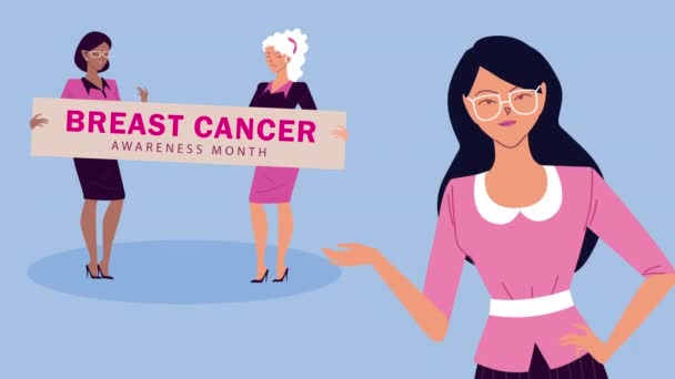 Campanha de câncer de mama com meninas levantando banner — Vídeo de Stock