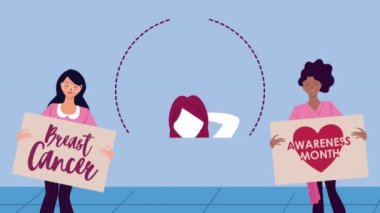 Meme kanseri kampanyası. Irklar arası kızlar pankart kaldırıyor ve kendilerini inceliyor.