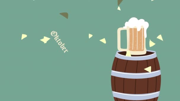 Oktoberfest празднование буквы анимации с пивной бочкой и банкой — стоковое видео