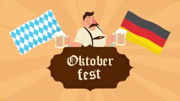 Animación de letras de celebración oktoberfest con hombre alemán bebiendo cervezas y banderas — Vídeos de Stock