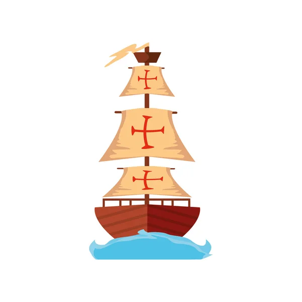 Zeilschip drijvend op de zee golven, karavel santa maria, columbus dag — Stockvector