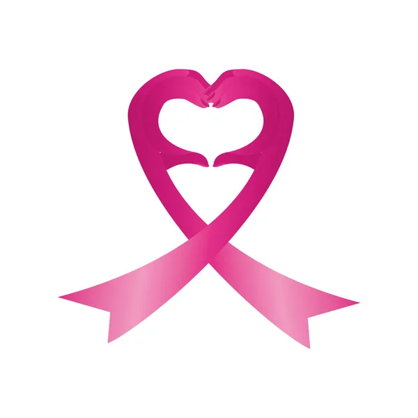 Розовая лента в форме сердца, значок, осведомленность о раке груди — стоковый вектор