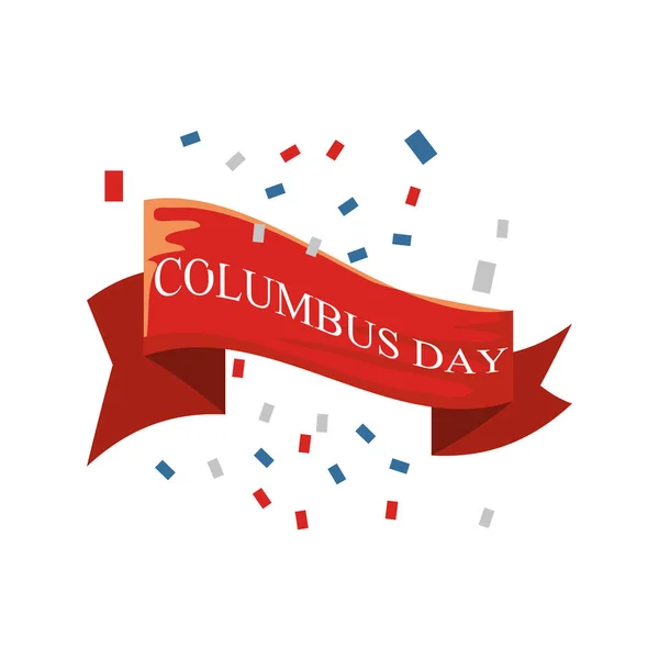 Cinta roja con etiqueta de día de columbus sobre fondo blanco — Vector de stock