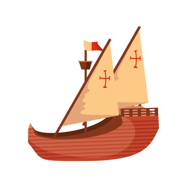 Navio de madeira com velas brancas e bandeira no fundo branco, dia columbus — Vetor de Stock