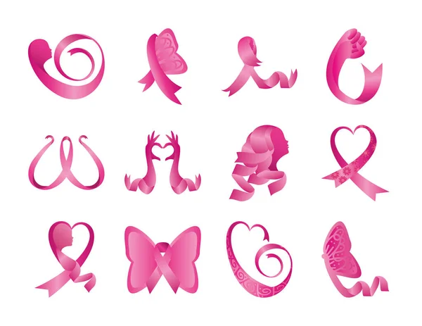 Ensemble de rubans roses, badges, sensibilisation au cancer du sein sur fond blanc — Image vectorielle